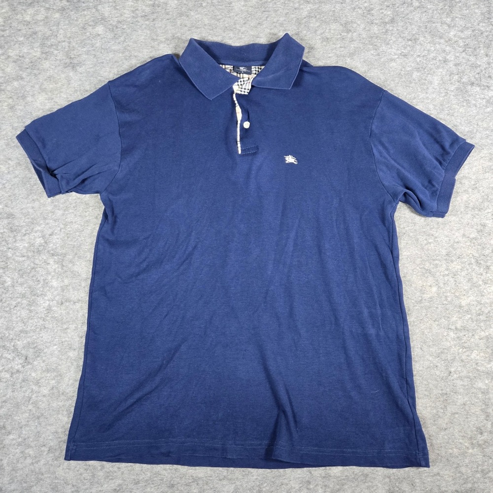 Vintage Burberry Mens Navy Blue London Nova Check Placket Polo Shirt L